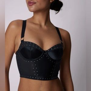 NWOT Parade Main Event Black Satin Corset w Silver Hardware Medium